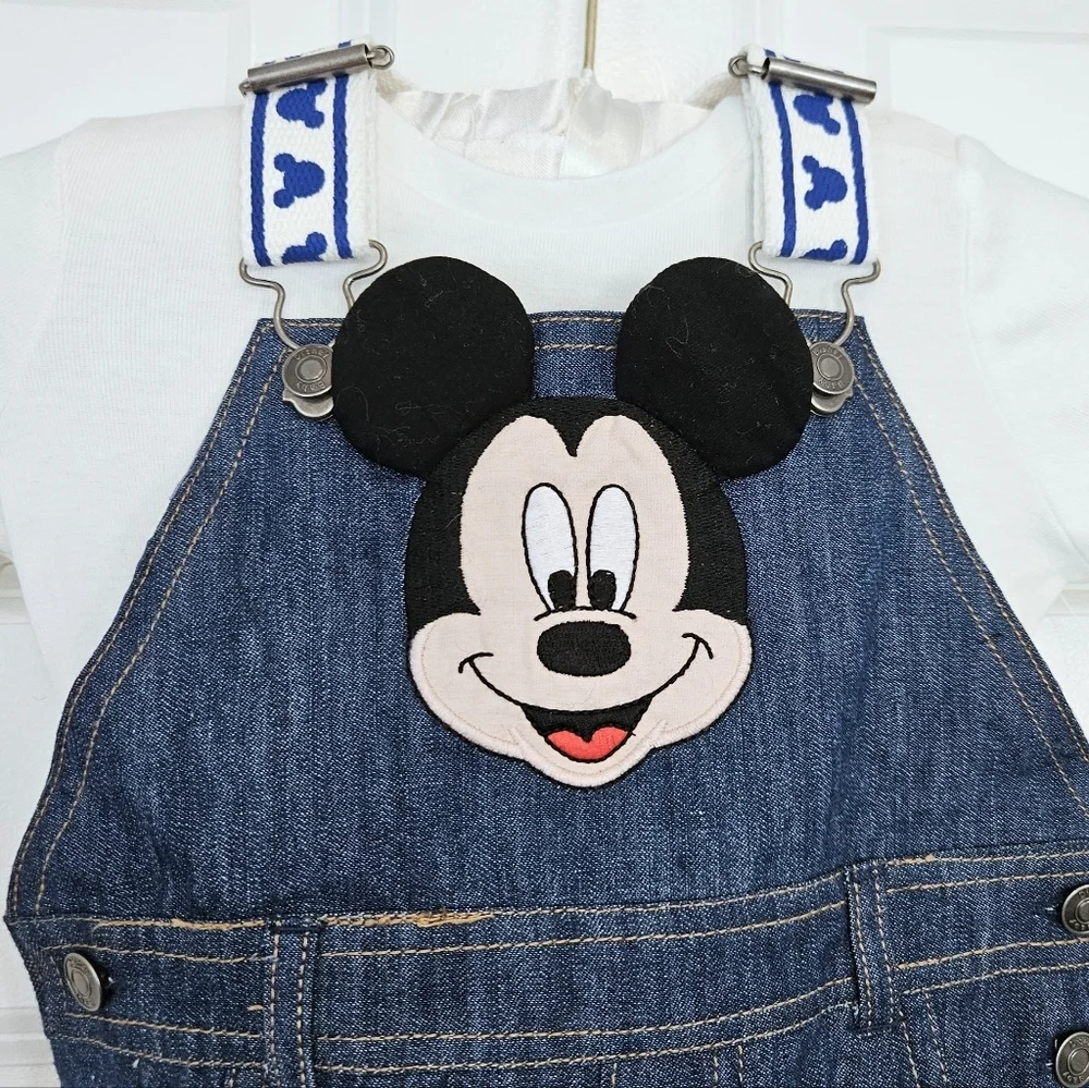 Disney Mickey Mouse Blue Denim Overalls + Shirt Baby Kids New 18-24M